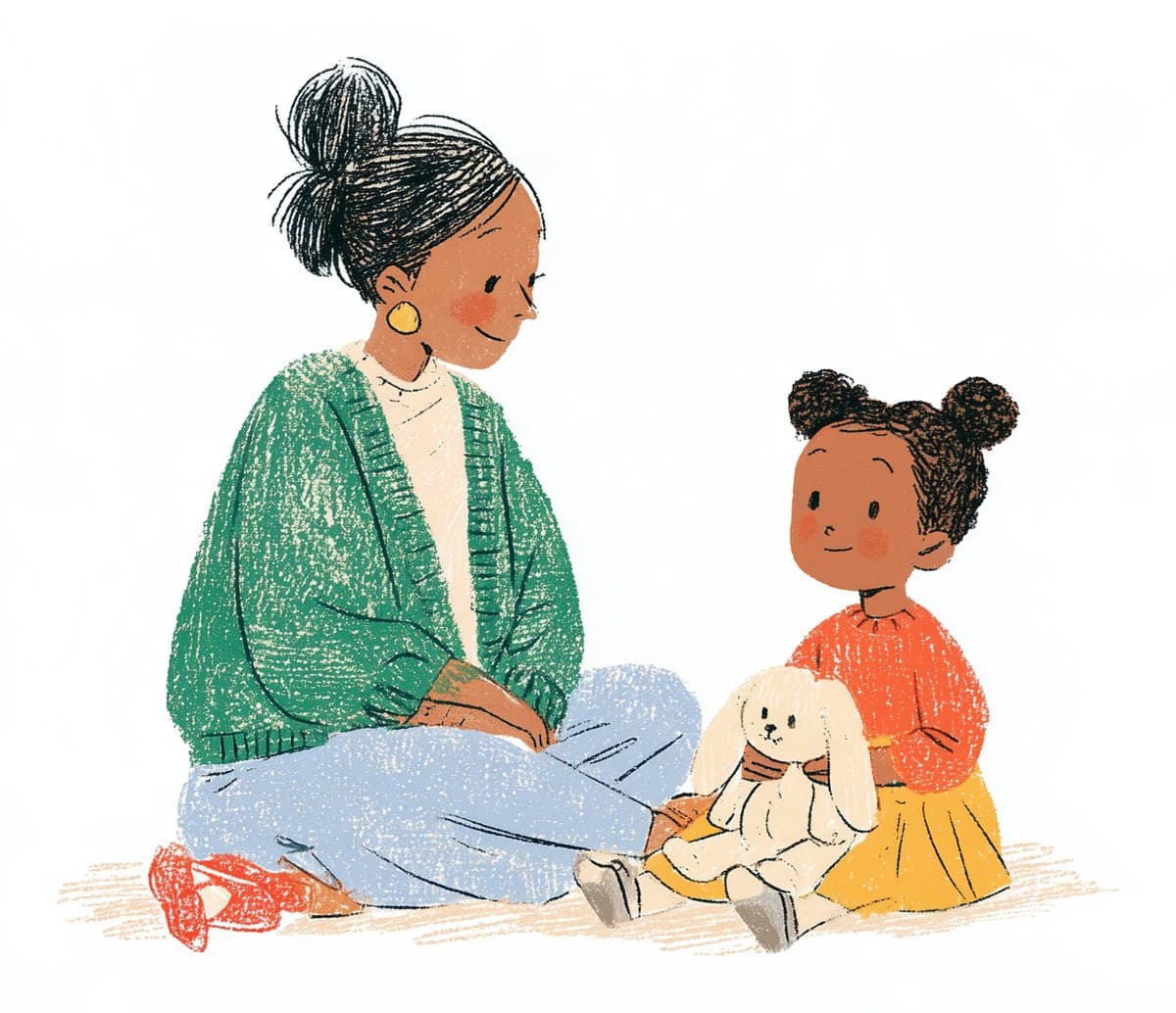 Grandma and Ellie sitting on the floor with a stuffed bunny